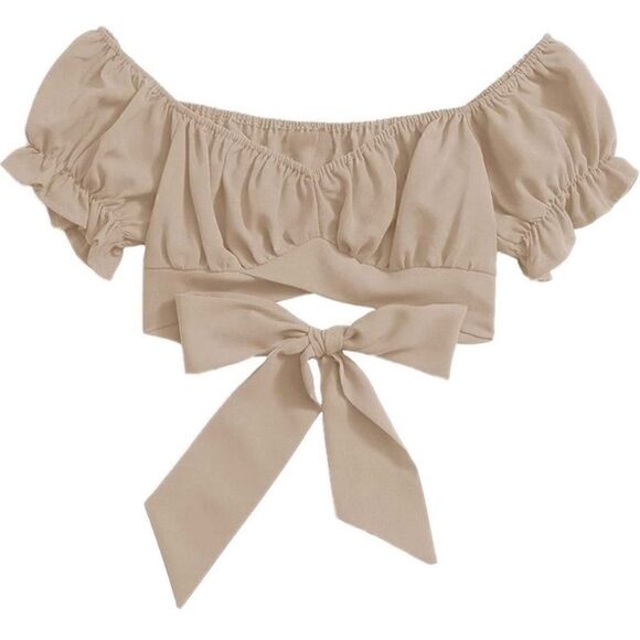 Boho Off the Shoulder Puff Sleeve beige Crop Top‎ - Picture 1 of 5